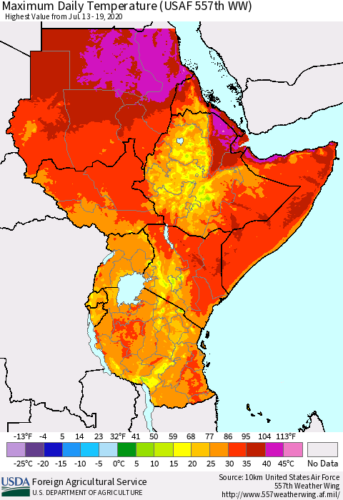 Eastern Africa Maximum Daily Temperature (USAF 557th WW) Thematic Map For 7/13/2020 - 7/19/2020