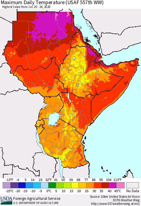 Eastern Africa Maximum Daily Temperature (USAF 557th WW) Thematic Map For 7/20/2020 - 7/26/2020