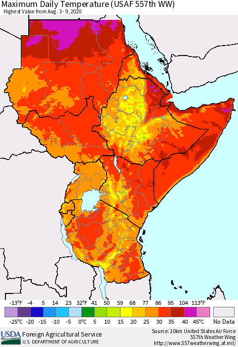 Eastern Africa Maximum Daily Temperature (USAF 557th WW) Thematic Map For 8/3/2020 - 8/9/2020