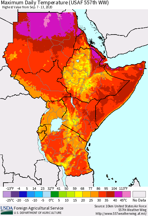 Eastern Africa Maximum Daily Temperature (USAF 557th WW) Thematic Map For 9/7/2020 - 9/13/2020