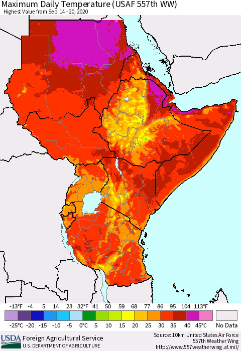 Eastern Africa Maximum Daily Temperature (USAF 557th WW) Thematic Map For 9/14/2020 - 9/20/2020