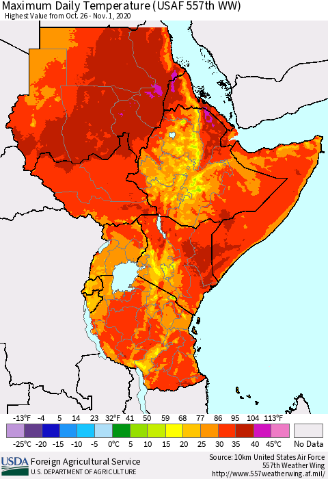 Eastern Africa Maximum Daily Temperature (USAF 557th WW) Thematic Map For 10/26/2020 - 11/1/2020