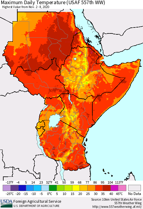 Eastern Africa Maximum Daily Temperature (USAF 557th WW) Thematic Map For 11/2/2020 - 11/8/2020
