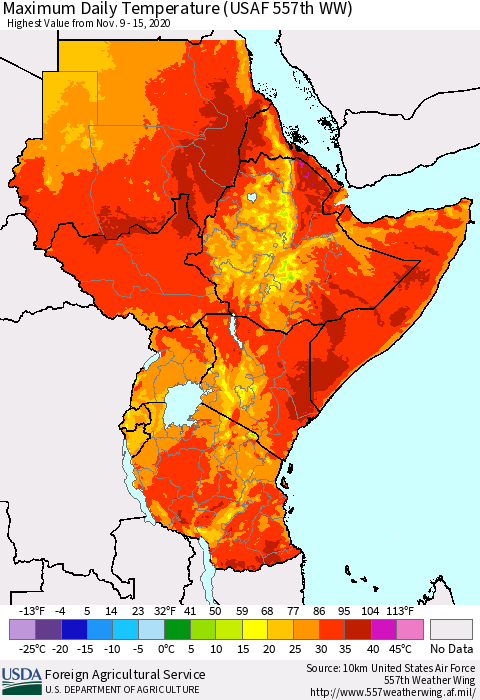 Eastern Africa Extreme Maximum Temperature (USAF 557th WW) Thematic Map For 11/9/2020 - 11/15/2020
