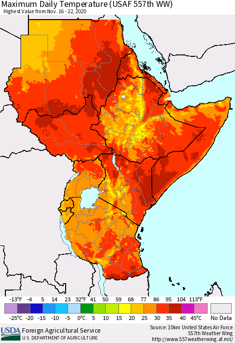Eastern Africa Maximum Daily Temperature (USAF 557th WW) Thematic Map For 11/16/2020 - 11/22/2020