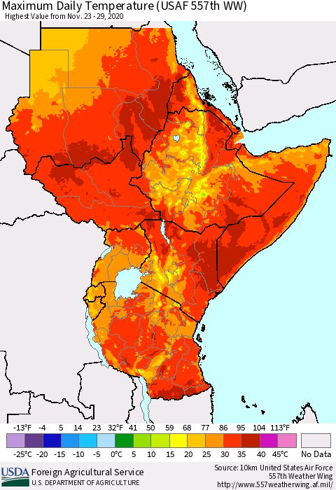 Eastern Africa Extreme Maximum Temperature (USAF 557th WW) Thematic Map For 11/23/2020 - 11/29/2020