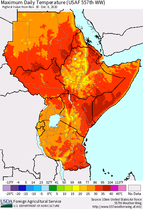 Eastern Africa Maximum Daily Temperature (USAF 557th WW) Thematic Map For 11/30/2020 - 12/6/2020