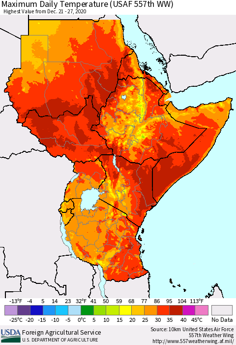 Eastern Africa Maximum Daily Temperature (USAF 557th WW) Thematic Map For 12/21/2020 - 12/27/2020
