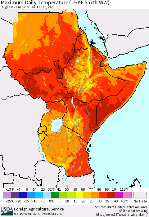 Eastern Africa Extreme Maximum Temperature (USAF 557th WW) Thematic Map For 1/11/2021 - 1/17/2021