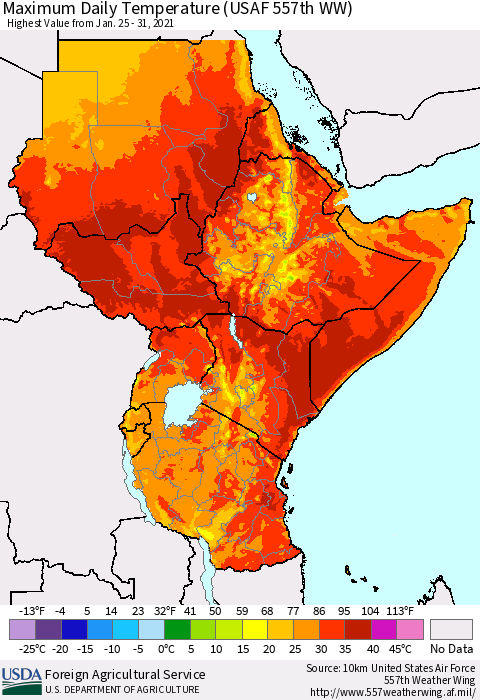 Eastern Africa Maximum Daily Temperature (USAF 557th WW) Thematic Map For 1/25/2021 - 1/31/2021