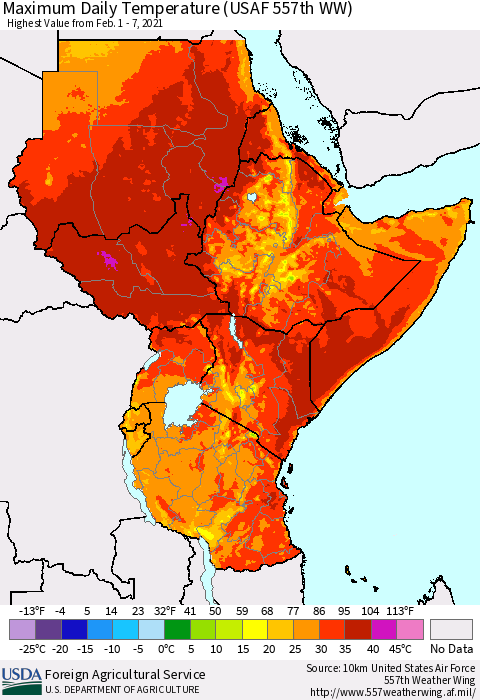 Eastern Africa Maximum Daily Temperature (USAF 557th WW) Thematic Map For 2/1/2021 - 2/7/2021