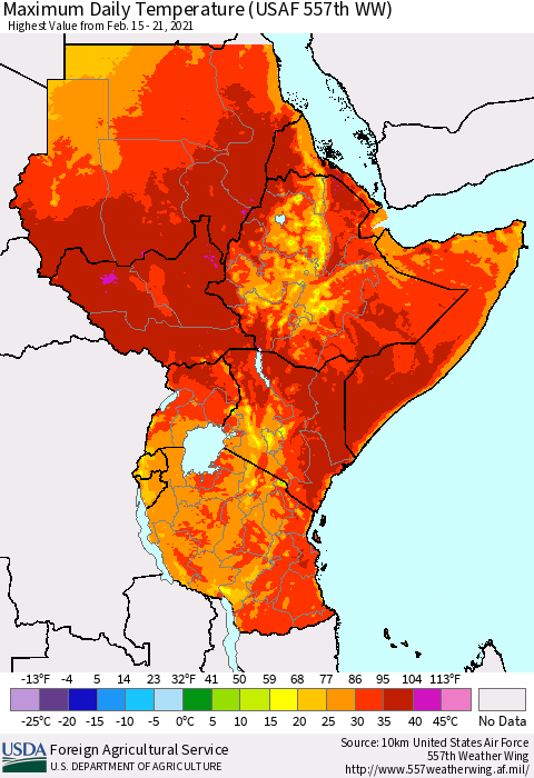 Eastern Africa Extreme Maximum Temperature (USAF 557th WW) Thematic Map For 2/15/2021 - 2/21/2021
