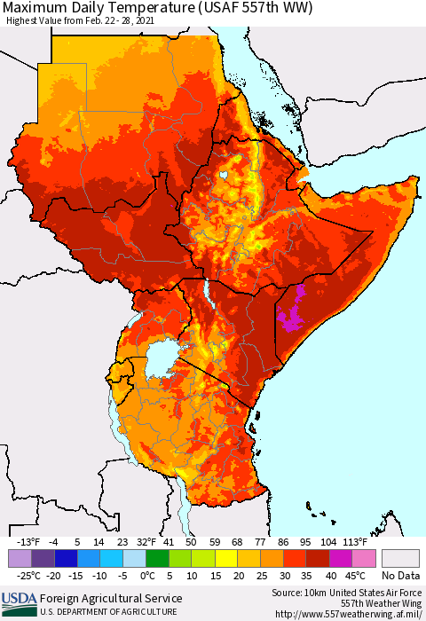 Eastern Africa Extreme Maximum Temperature (USAF 557th WW) Thematic Map For 2/22/2021 - 2/28/2021