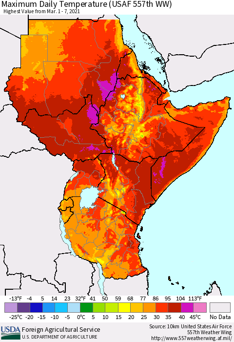Eastern Africa Extreme Maximum Temperature (USAF 557th WW) Thematic Map For 3/1/2021 - 3/7/2021
