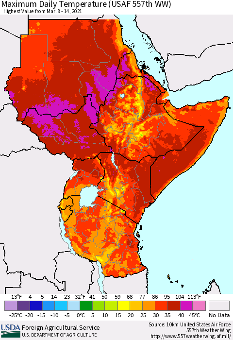 Eastern Africa Extreme Maximum Temperature (USAF 557th WW) Thematic Map For 3/8/2021 - 3/14/2021