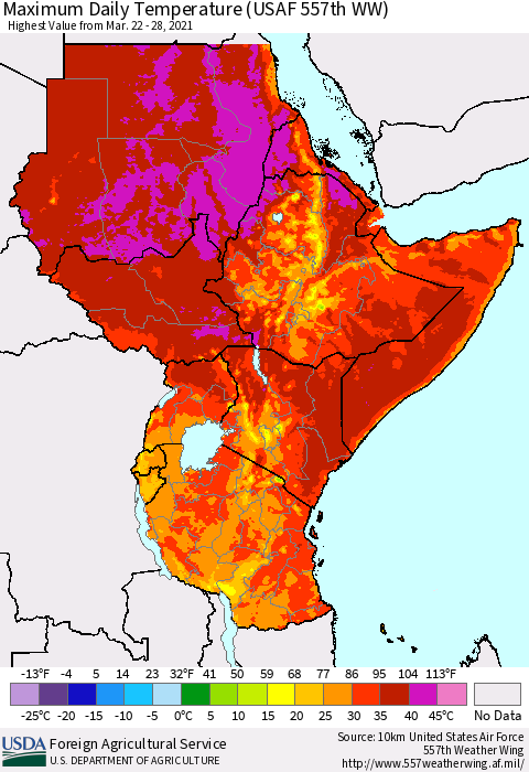 Eastern Africa Extreme Maximum Temperature (USAF 557th WW) Thematic Map For 3/22/2021 - 3/28/2021