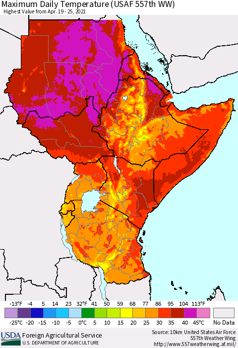 Eastern Africa Extreme Maximum Temperature (USAF 557th WW) Thematic Map For 4/19/2021 - 4/25/2021