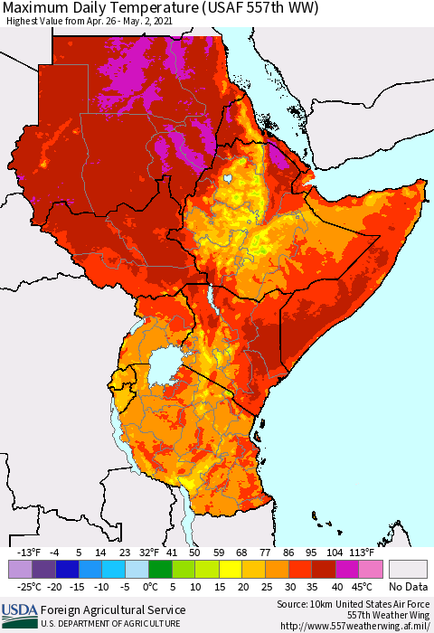 Eastern Africa Extreme Maximum Temperature (USAF 557th WW) Thematic Map For 4/26/2021 - 5/2/2021
