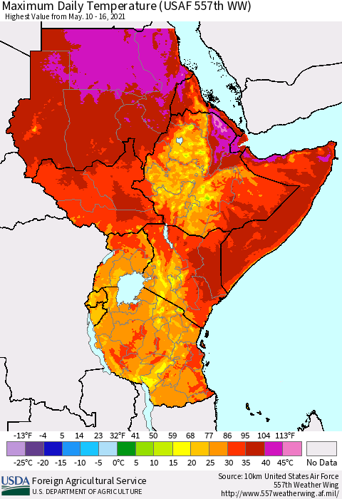 Eastern Africa Extreme Maximum Temperature (USAF 557th WW) Thematic Map For 5/10/2021 - 5/16/2021
