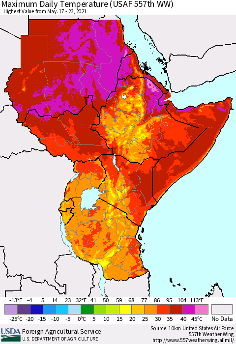 Eastern Africa Extreme Maximum Temperature (USAF 557th WW) Thematic Map For 5/17/2021 - 5/23/2021