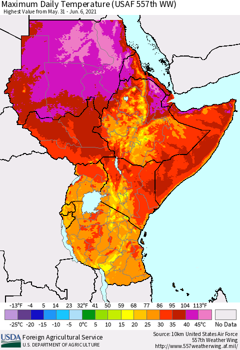 Eastern Africa Extreme Maximum Temperature (USAF 557th WW) Thematic Map For 5/31/2021 - 6/6/2021