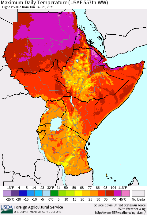 Eastern Africa Extreme Maximum Temperature (USAF 557th WW) Thematic Map For 6/14/2021 - 6/20/2021