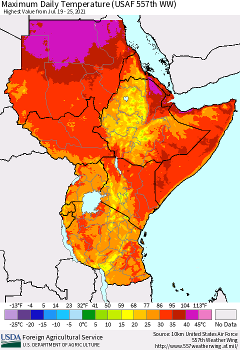 Eastern Africa Extreme Maximum Temperature (USAF 557th WW) Thematic Map For 7/19/2021 - 7/25/2021