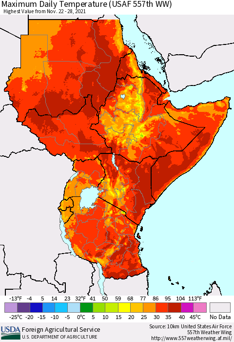 Eastern Africa Maximum Daily Temperature (USAF 557th WW) Thematic Map For 11/22/2021 - 11/28/2021