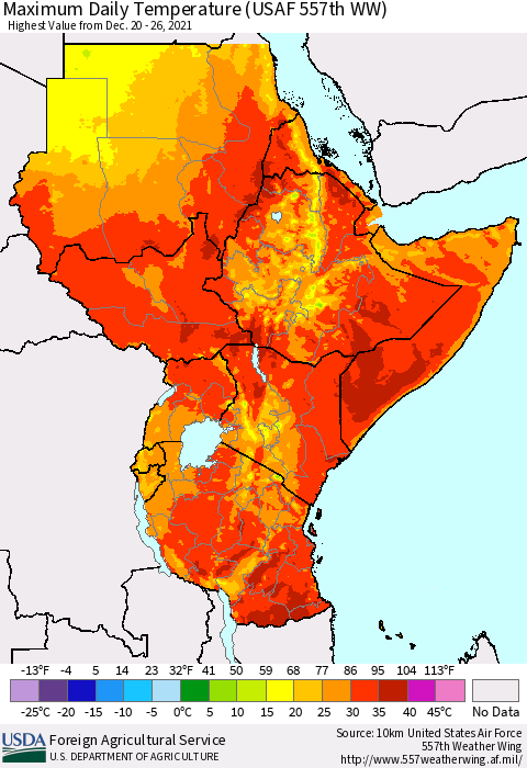 Eastern Africa Maximum Daily Temperature (USAF 557th WW) Thematic Map For 12/20/2021 - 12/26/2021