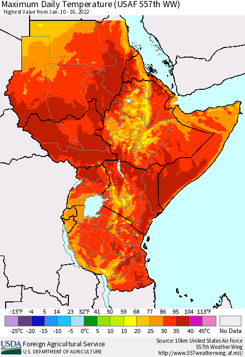 Eastern Africa Extreme Maximum Temperature (USAF 557th WW) Thematic Map For 1/10/2022 - 1/16/2022
