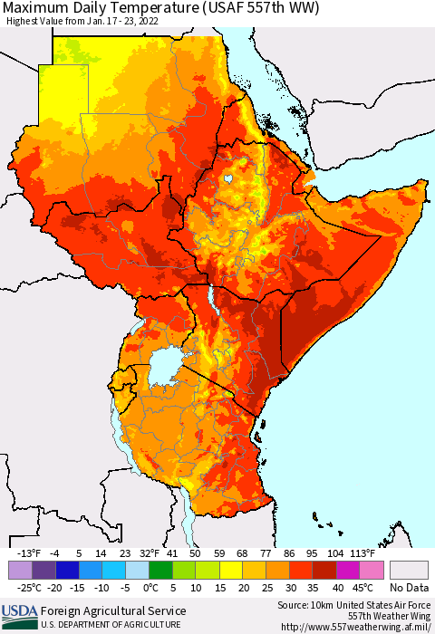 Eastern Africa Extreme Maximum Temperature (USAF 557th WW) Thematic Map For 1/17/2022 - 1/23/2022