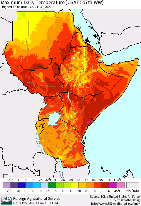 Eastern Africa Maximum Daily Temperature (USAF 557th WW) Thematic Map For 1/24/2022 - 1/30/2022