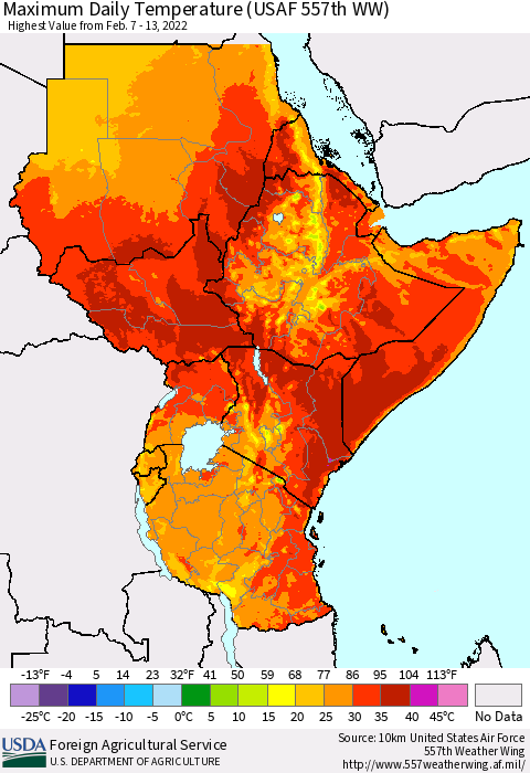 Eastern Africa Maximum Daily Temperature (USAF 557th WW) Thematic Map For 2/7/2022 - 2/13/2022