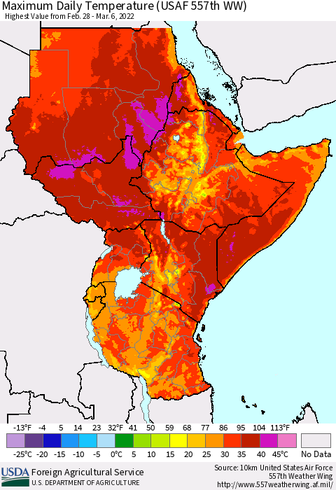 Eastern Africa Maximum Daily Temperature (USAF 557th WW) Thematic Map For 2/28/2022 - 3/6/2022