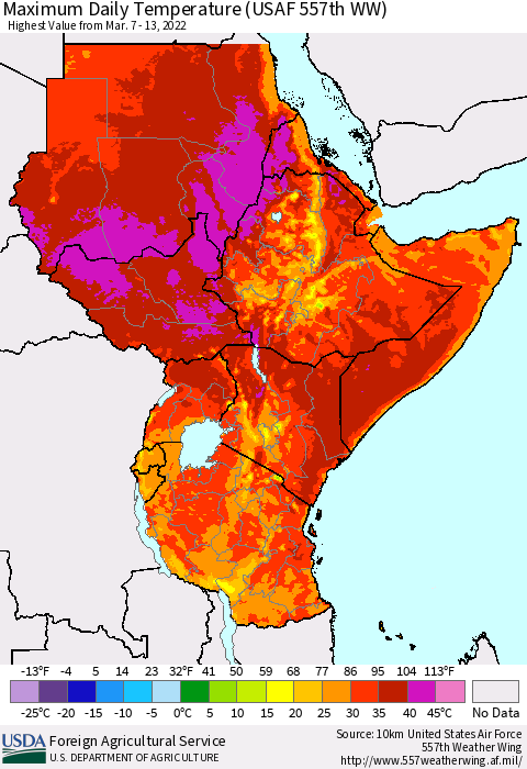 Eastern Africa Extreme Maximum Temperature (USAF 557th WW) Thematic Map For 3/7/2022 - 3/13/2022