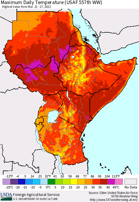Eastern Africa Extreme Maximum Temperature (USAF 557th WW) Thematic Map For 3/21/2022 - 3/27/2022