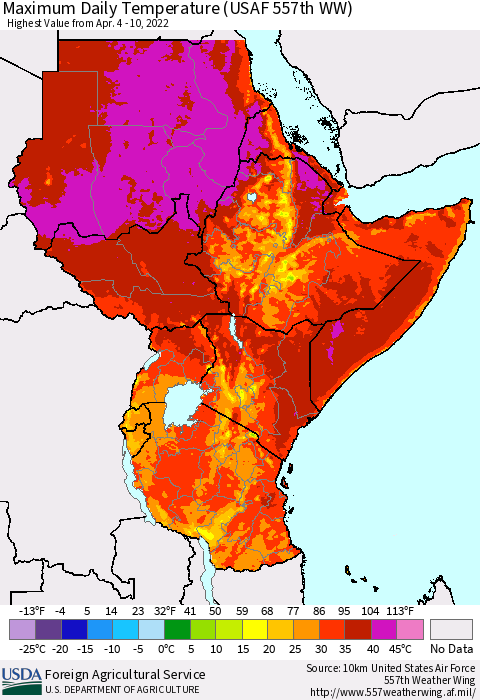 Eastern Africa Extreme Maximum Temperature (USAF 557th WW) Thematic Map For 4/4/2022 - 4/10/2022