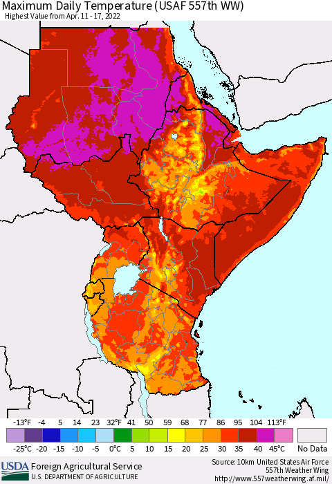 Eastern Africa Extreme Maximum Temperature (USAF 557th WW) Thematic Map For 4/11/2022 - 4/17/2022