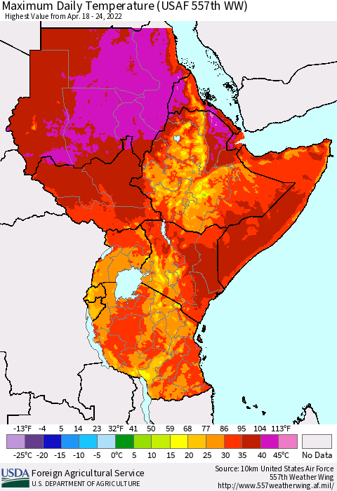 Eastern Africa Extreme Maximum Temperature (USAF 557th WW) Thematic Map For 4/18/2022 - 4/24/2022