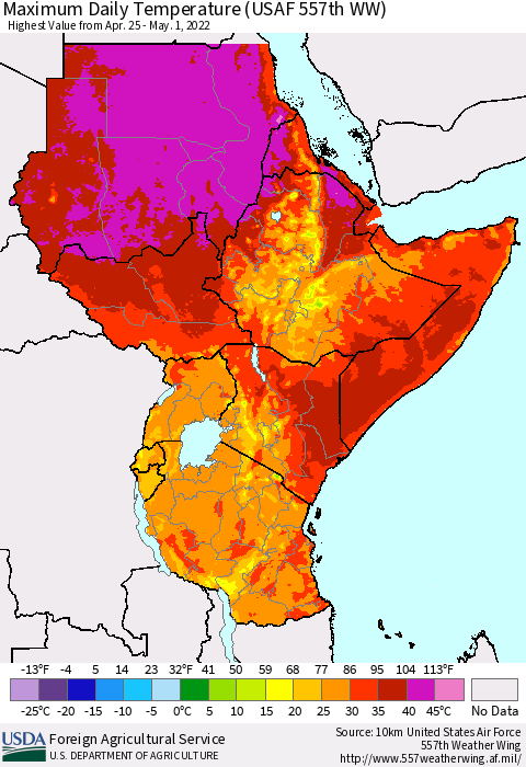Eastern Africa Maximum Daily Temperature (USAF 557th WW) Thematic Map For 4/25/2022 - 5/1/2022