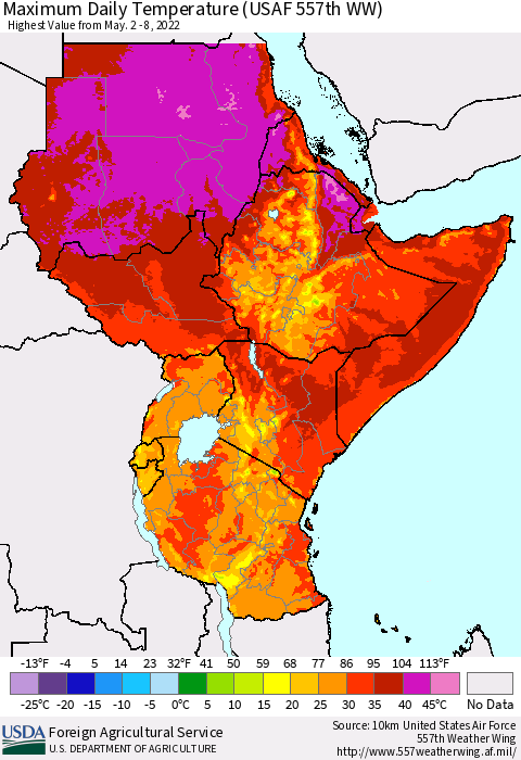 Eastern Africa Extreme Maximum Temperature (USAF 557th WW) Thematic Map For 5/2/2022 - 5/8/2022