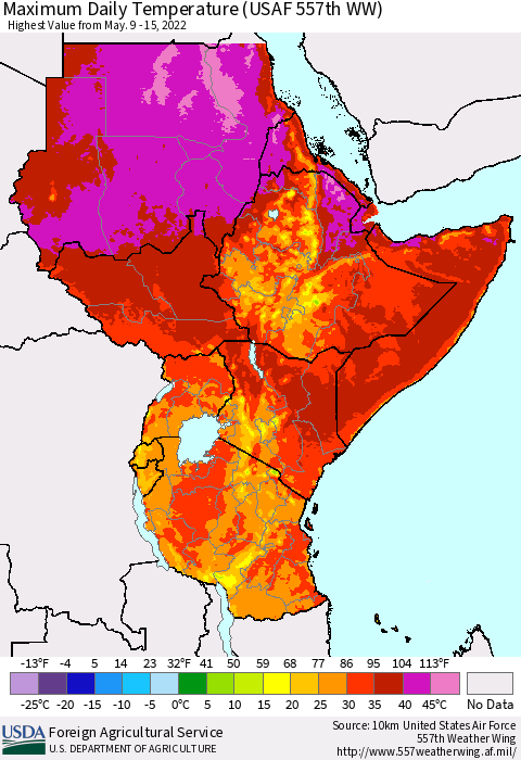 Eastern Africa Extreme Maximum Temperature (USAF 557th WW) Thematic Map For 5/9/2022 - 5/15/2022