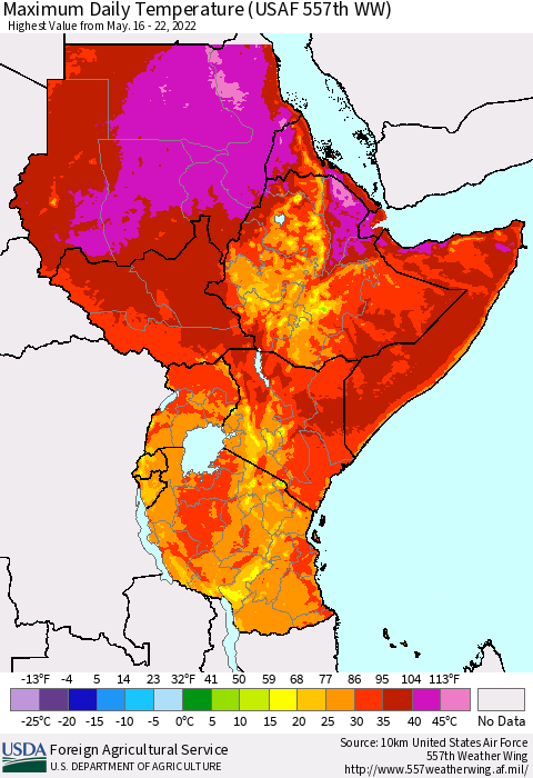 Eastern Africa Extreme Maximum Temperature (USAF 557th WW) Thematic Map For 5/16/2022 - 5/22/2022