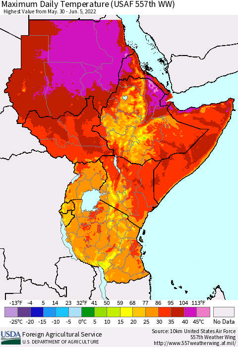 Eastern Africa Extreme Maximum Temperature (USAF 557th WW) Thematic Map For 5/30/2022 - 6/5/2022