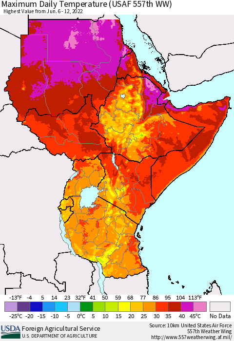 Eastern Africa Extreme Maximum Temperature (USAF 557th WW) Thematic Map For 6/6/2022 - 6/12/2022
