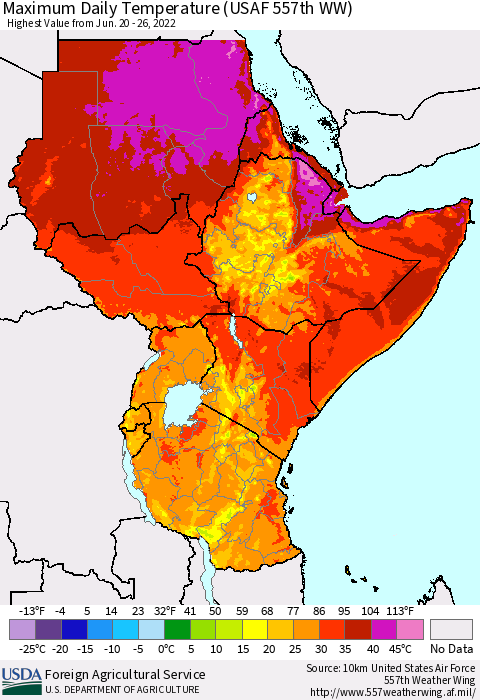 Eastern Africa Extreme Maximum Temperature (USAF 557th WW) Thematic Map For 6/20/2022 - 6/26/2022