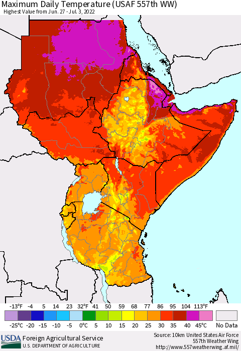Eastern Africa Extreme Maximum Temperature (USAF 557th WW) Thematic Map For 6/27/2022 - 7/3/2022