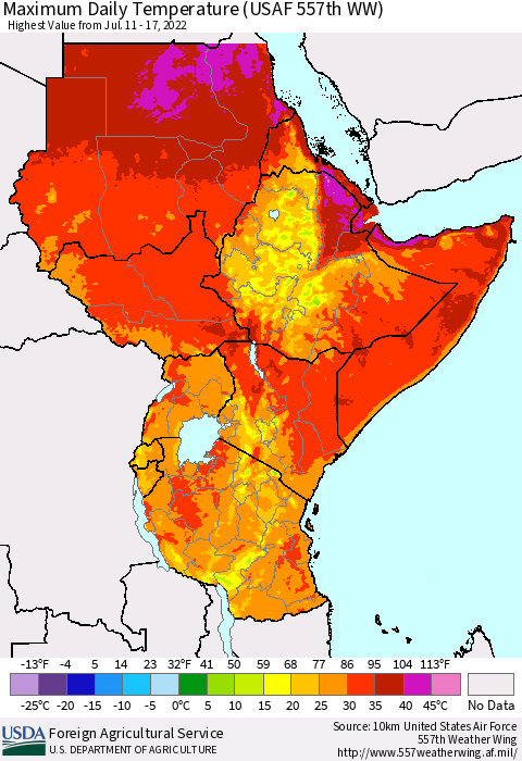 Eastern Africa Extreme Maximum Temperature (USAF 557th WW) Thematic Map For 7/11/2022 - 7/17/2022