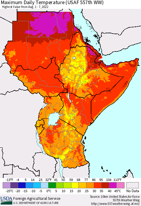 Eastern Africa Maximum Daily Temperature (USAF 557th WW) Thematic Map For 8/1/2022 - 8/7/2022