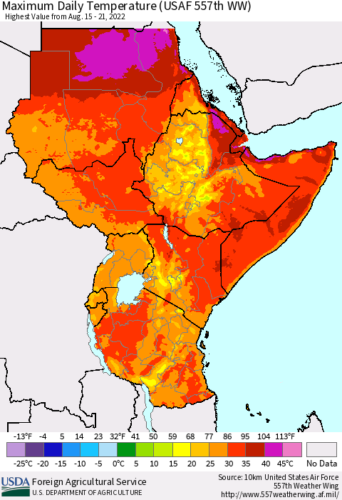 Eastern Africa Maximum Daily Temperature (USAF 557th WW) Thematic Map For 8/15/2022 - 8/21/2022